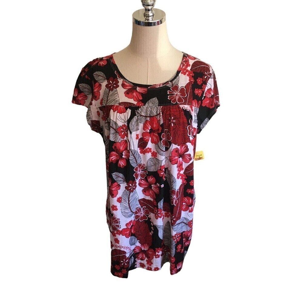 Hot Cotton Size XL Top Red Cap Sleeve Cotton Floral Black White Lagenlook